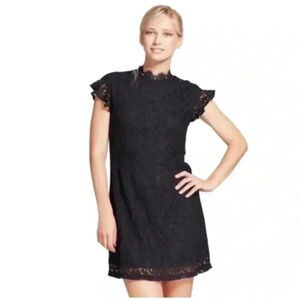 Black Lace Mini Dress with Ruffles and Cap Sleeves NWOT Size M